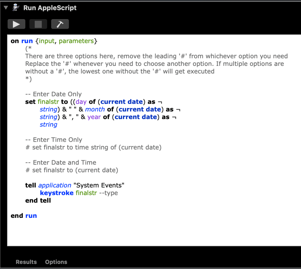 Code after pressing hammer icon. Note that all text in grey will be ignored. So, all the instructions, and other optional code is in grey.
